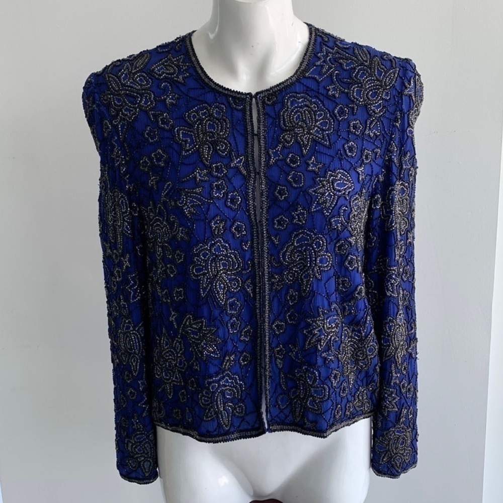 Vintage Papell Boutique evening beaded crop jacket elegant royal blue, S PL - Picture 2 of 14
